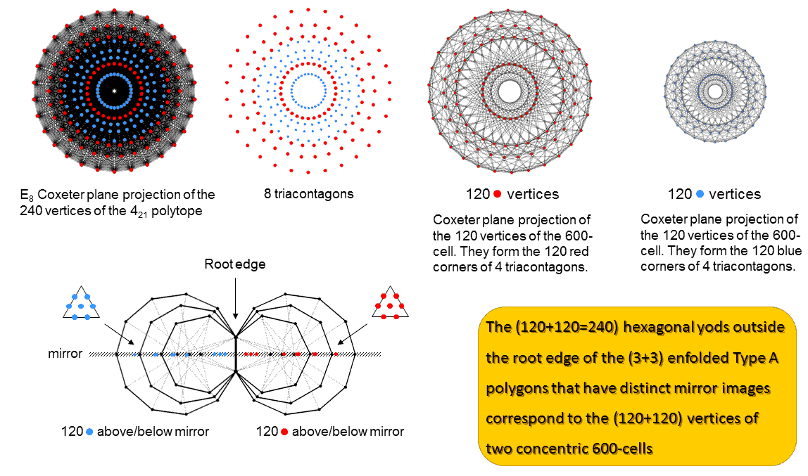 Comparison of 240 vertives of two 600-cells and 240 hexagonal yods in (3+3) enfolded polygons